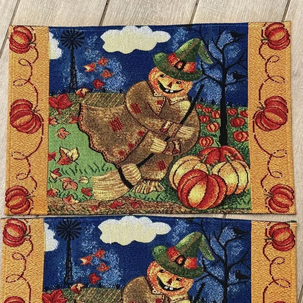 4 Vintage Scarecrow Tapestry Placemat Set Halloween Autumn